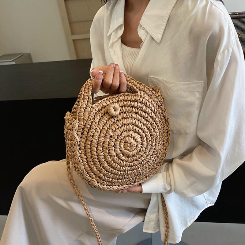 Runde Umhängetasche aus Stroh, handgefertigt, gewebte Schultertasche für Damen, Sommer-Strandtasche, Bohemia-Reisetasche, kleine Handtasche und Geldbörse