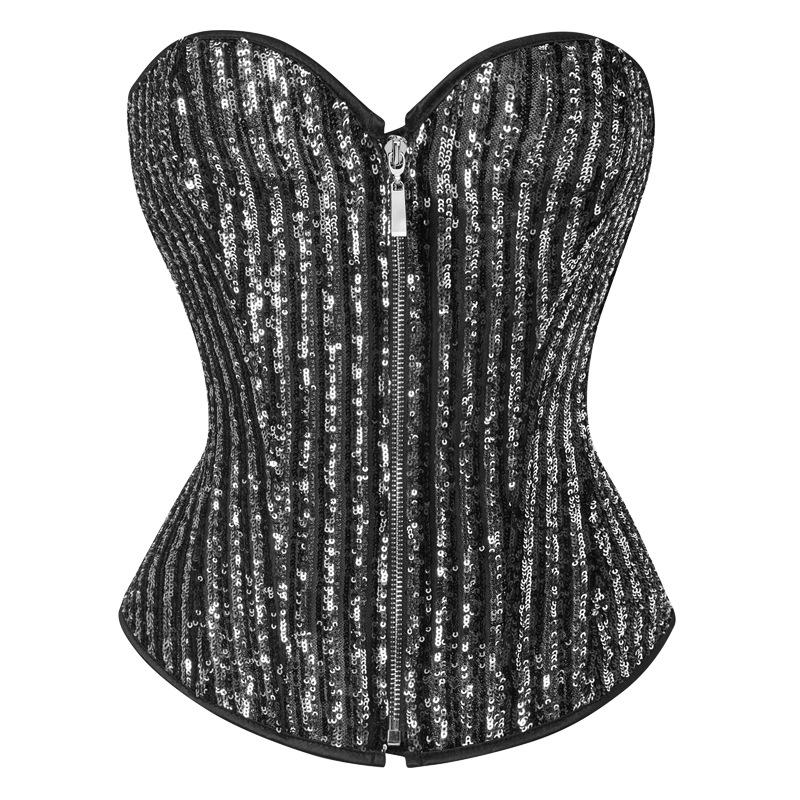 Women European Style Zipper Sequined Boned Waist Cincher Shaping Corset Top
