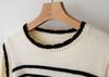 Women's Off-White Retro Patchwork Chiffon Striped Knit Sweater Shirt, One Size, Black, Korean Niche Design.