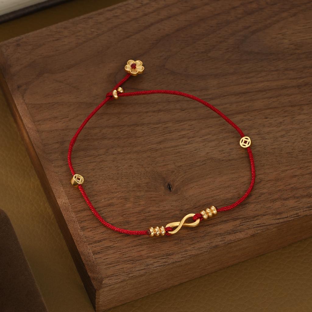 Vintage Red String Bracelet with Mobius & Lucky Fortune Coin Charm, Handmade Braided Rope Charm Bracelet for Good Luck