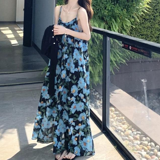 2026 New French Seaside Vacation Dress Texture High Sense Blue Color Sleeveless Suspender Dress Women's Summer