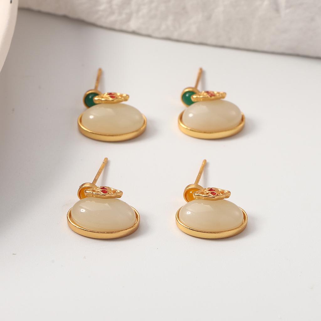 New Chinese imitation Hetian jade enamel color earrings women's senior temperament oval niche stud earrings retro earrings