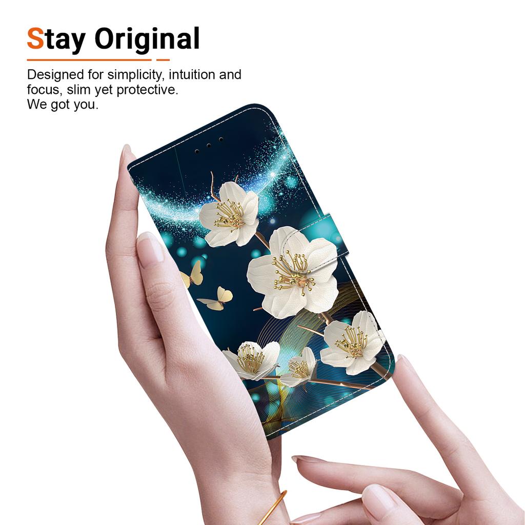 White Magnolia Flowers Pattern Flip Wallet PU Leather Case with For iPhone Samsung Infinix TECNO...for Over 900 Phone Models