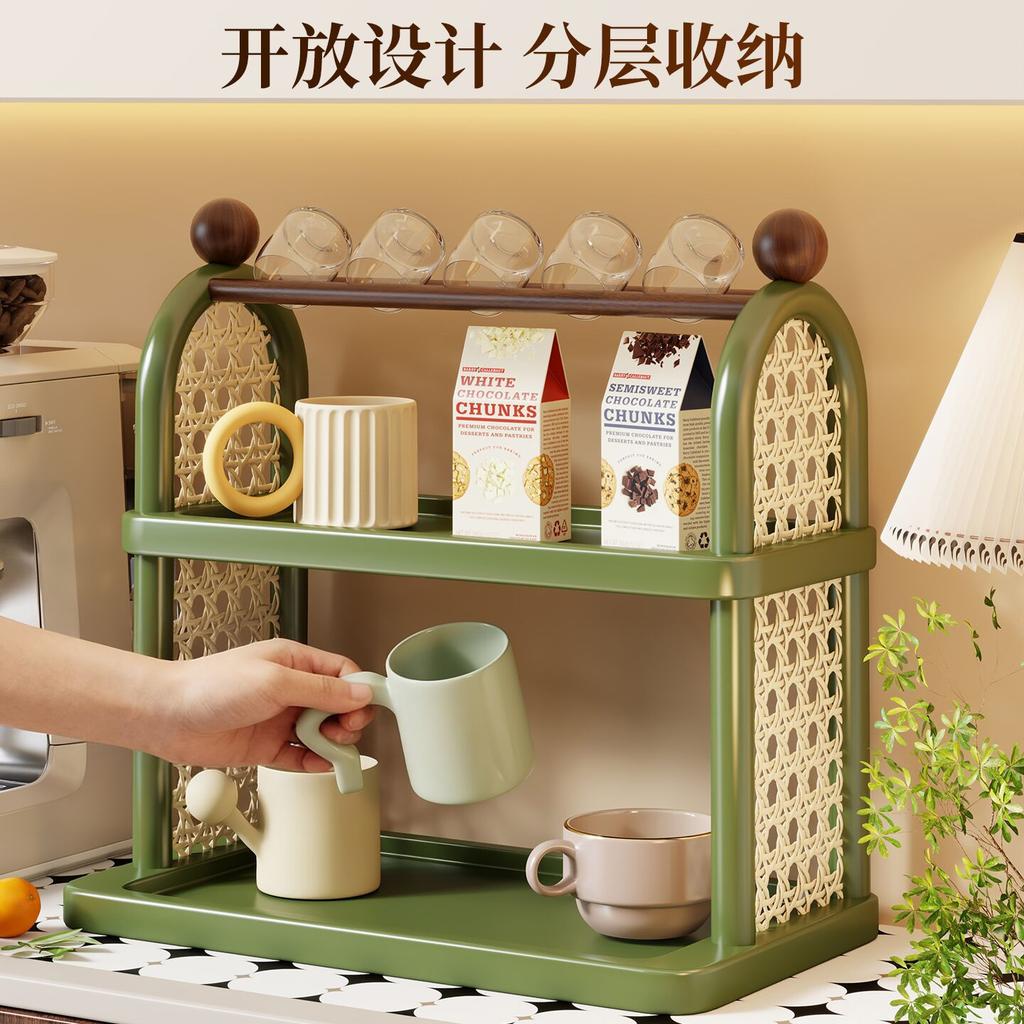 Mid-Century Modern Cup Stand Multi-Tier Wooden Mug Rack with Drip Tray Countertop Coffee Mug Organizer Kitchen Multi-Tier Shelf