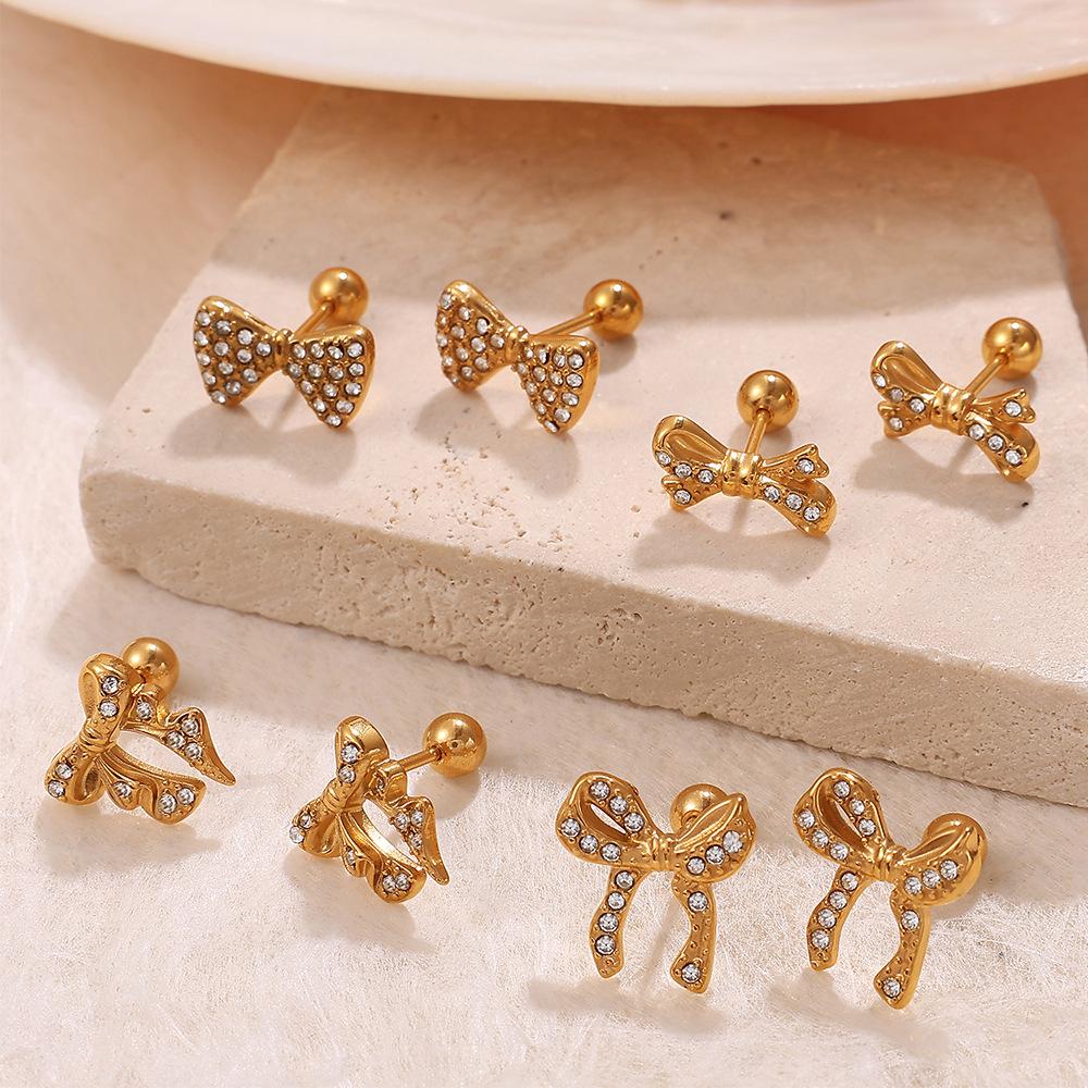 Premium Diamond Bow Earrings Stainless Steel Gold Plated Fashion Daily Earrings Women