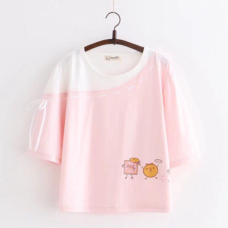 

1870 Cartoon Coated T-shirt Cotton Summer New Arrival Colored Pullover Sweet Plaid Short-Sleeved Shirt Export Tail Single Pink All yards
