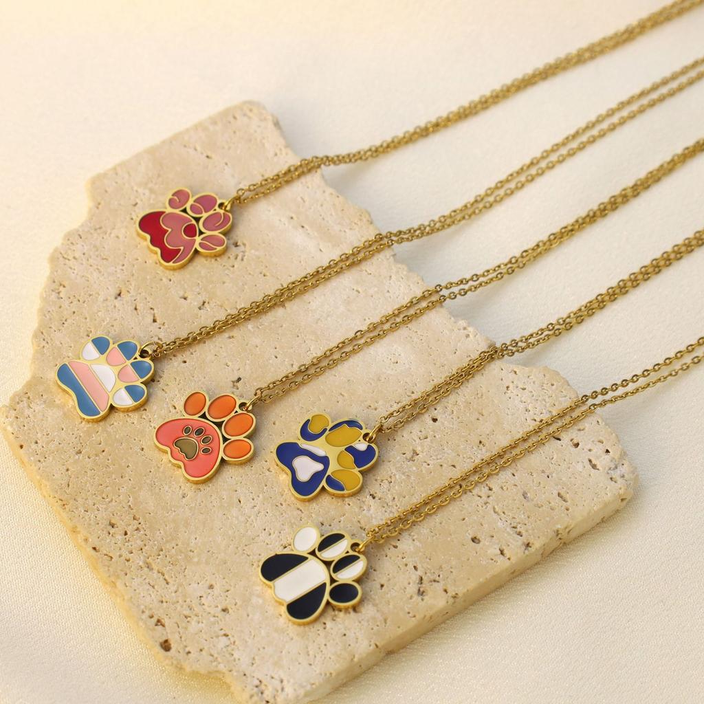 Niche Design Cute Sweetheart Cat Claw Necklace Collarbone Chain, Oil Dripping Stainless Steel Animal Footprint Pendant