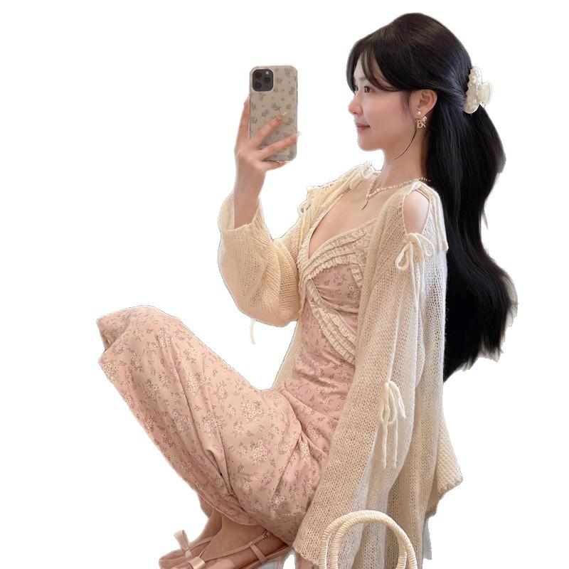 Summer new French pure desire wind collar floral suspender dress women's suspender lace splicing waist long dress