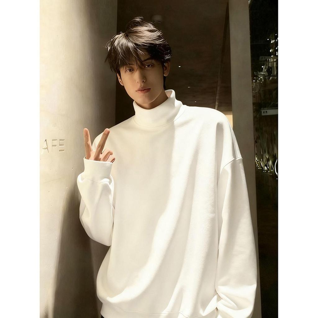 Men's Autumn/Winter Heavyweight Velvet Hoodie with Half-High Collar, Solid Color, American Style, Versatile and Casual.