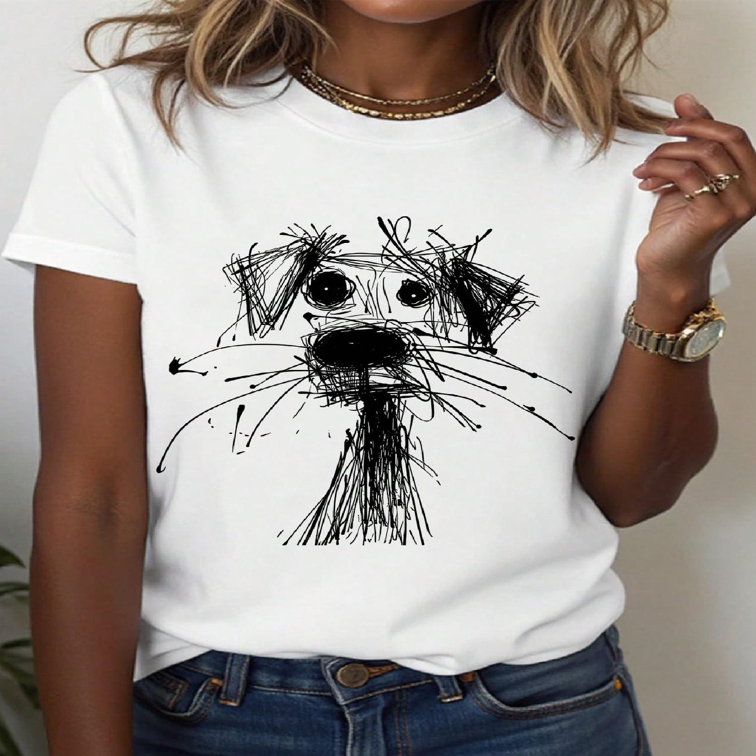 INAWLY Women s Casual Round Neck Puppy Doodle Print Short Sleeve T-Shirt, Versatile For Summer S