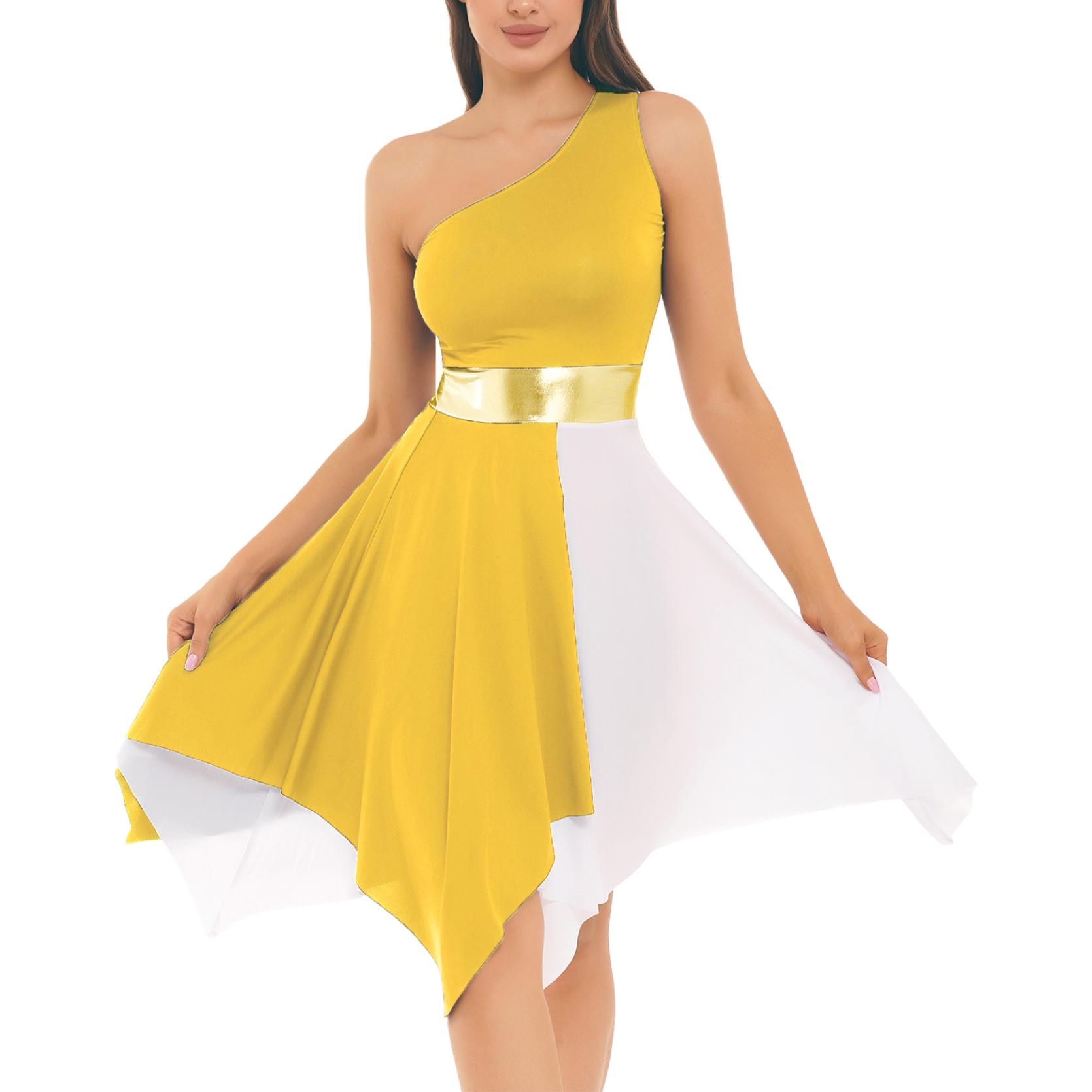 

Жіноча танцювальна сукня на одне плече в стилі печворк з асиметричним подолом Сукні без рукавів Танцювальний одяг XL жовтий