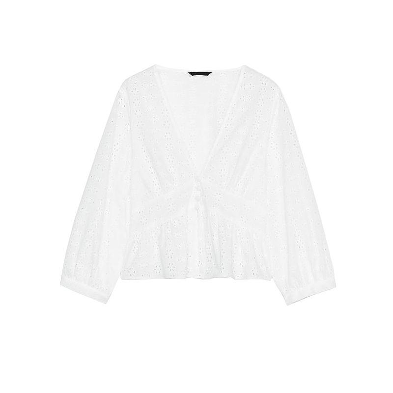 

Summer New Women clothes French style Niche White Cotton Hollow Embroidery V-neck Long sleeve Shirts 3722819 White L