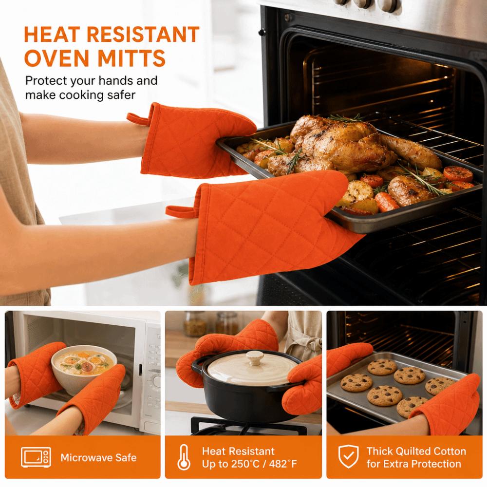 Quilted Cotton Oven Mitts Heat Resistant Anti-Scalding Microwave Oven Gloves Non-Slip Hanging BBQ Baking Gloves Kitchen Cooking