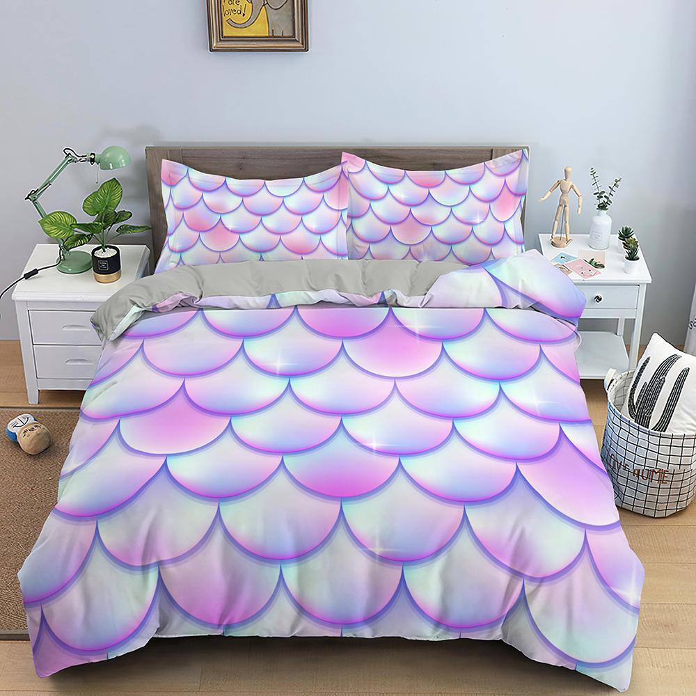 Fish Scales Duvet Cover Set Colorful Mermaid Polyester Comforter Cover With Pillowcase King Queen Full Size For Boys Girl Teen