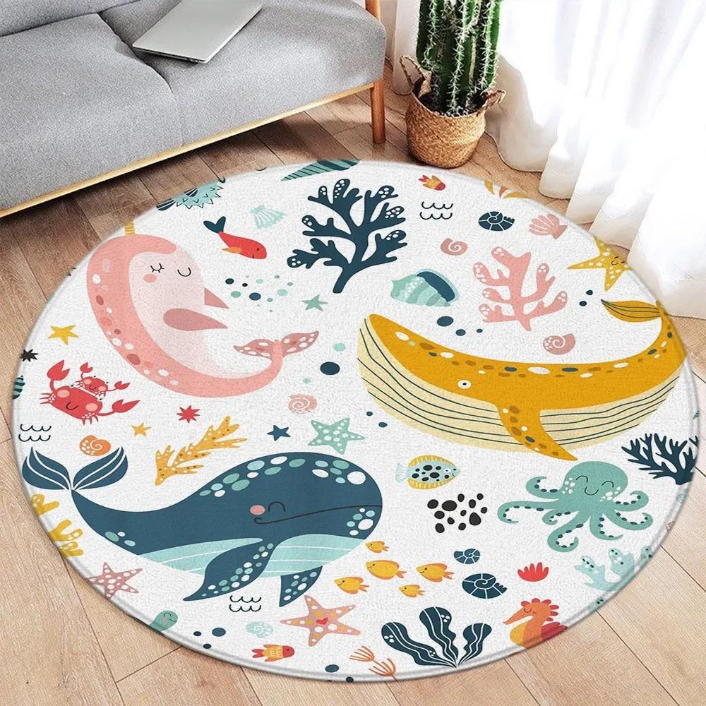Wildlife Cartoon Animals Round Carpet Cute Dinosaur Whale Themed Kids Bedroom Rug Home Living Room Decorative Floor Mats