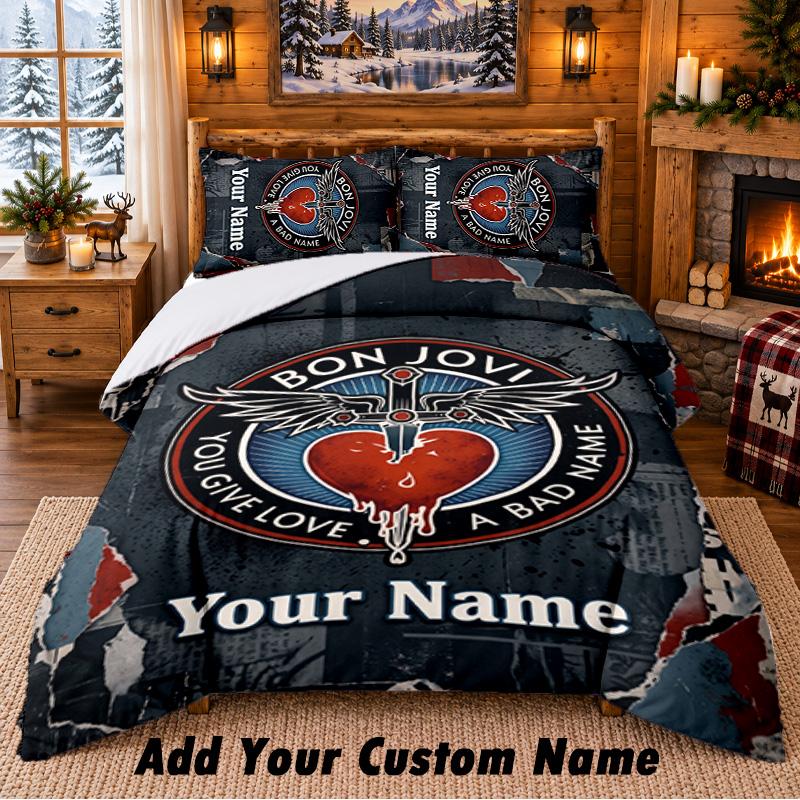 Bon Jovi Pattern Bedding 3Pcs Set Custom Name, Bed Sheet And Pillowcases For Home Bedroom