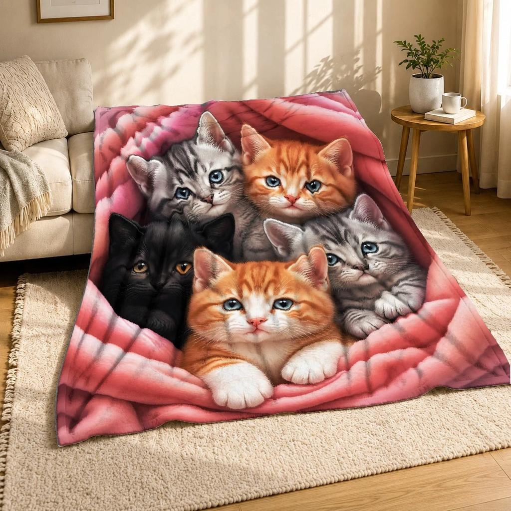 Five Pink Kittens Coral Fleece Blanket Cute Cat Lover Decor