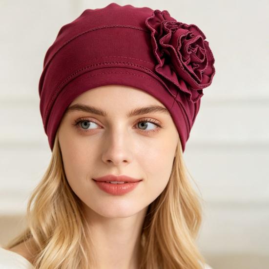 Turban Hat for Women, Side Flower Decor Head Wrap, Pure Color High Elasticity Turban Cap for Sensitive Scalp Postpartum Care Sleep