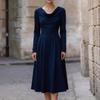 Damen Satin Langarm Midi Kleid mit Wasserfall-Ausschnitt und tailliertem Bund für Abendparty Formelle Anlässe