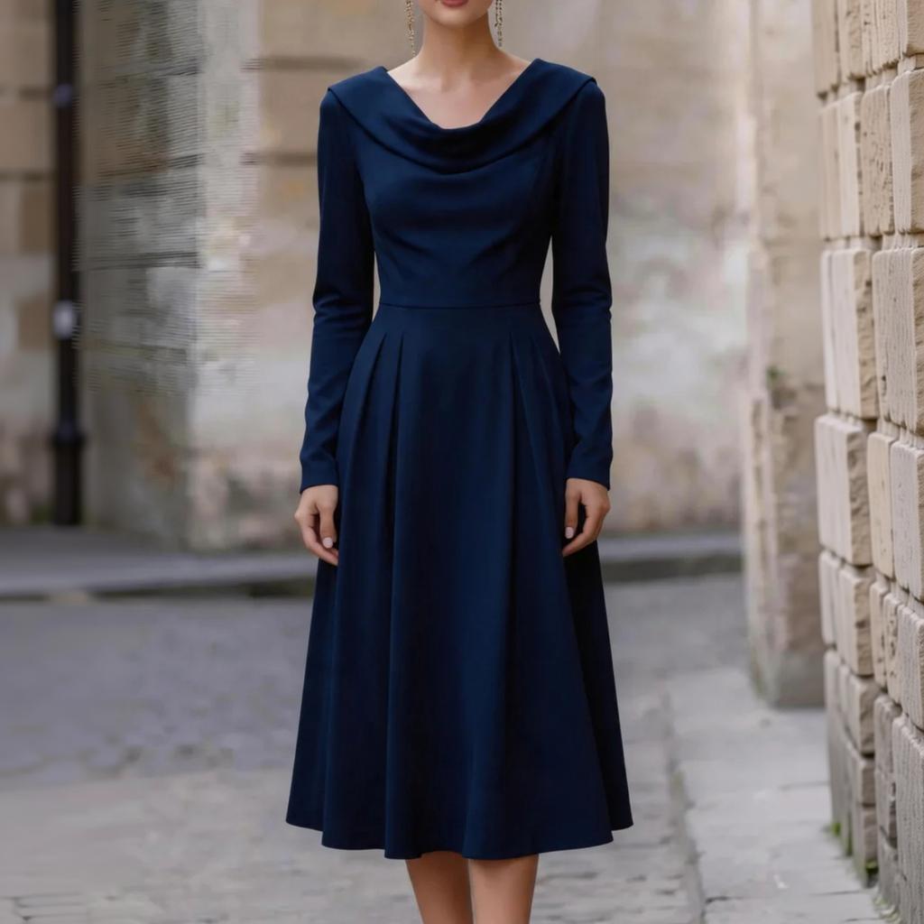 Damen Satin Langarm Midi Kleid mit Wasserfall-Ausschnitt und tailliertem Bund für Abendparty Formelle Anlässe