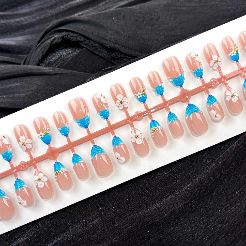 30pcs Ocean Style Press on Nails French Design False Nails Sweet 3D Floral Nails  Elegant Vintage A