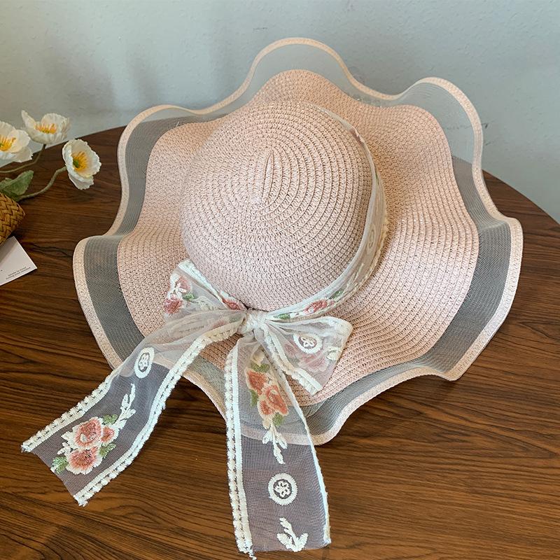Sweet Cute Lace Edge Straw Hat For Women Spring Summer Bowkont Large Brim Sunshade Caps  Foldable Beach Cap Gifts