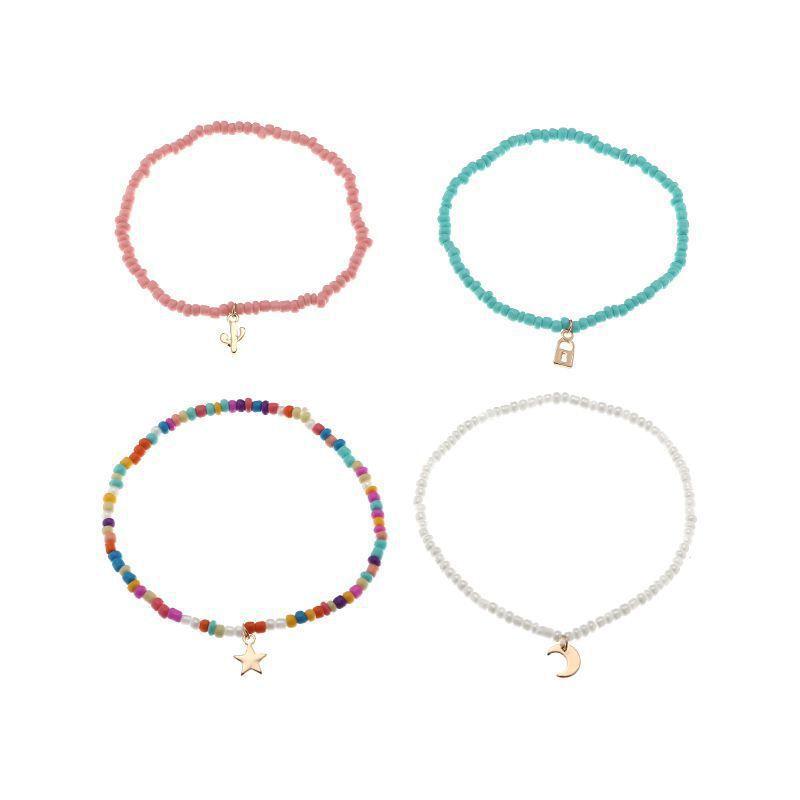 4 Pcs/set Bohemian Anklet Foot Jewelry Colored Glass Rice Beads Handmade Beaded Stars Moon Lock Elastic Bracelet For Women Legs