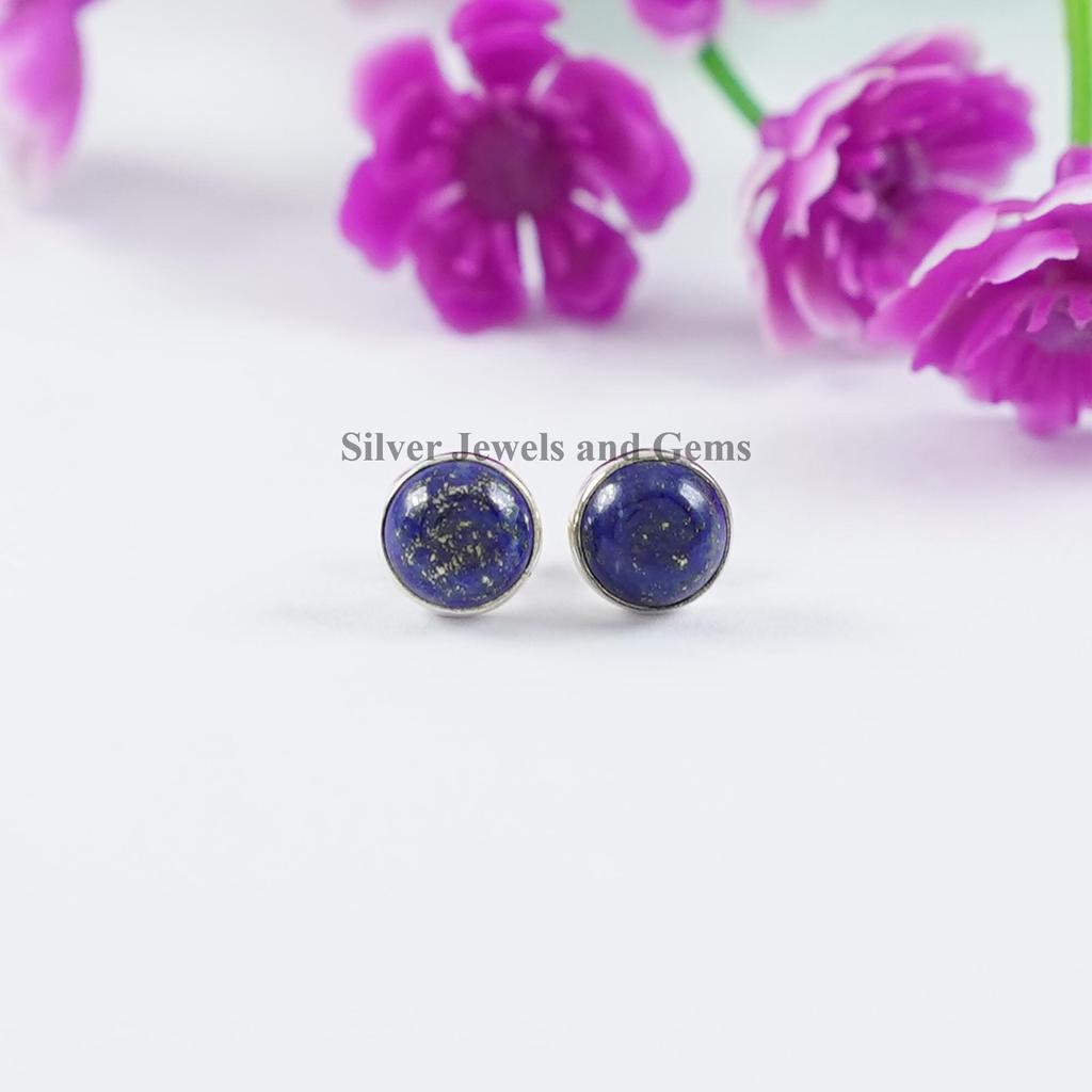 Lapis Lazuli Stud Earring, 925 Sterling Silver Earring, Tiny Round Stud Earring, Birthday Earring, Handmade Jewelry, Minimalist Earring