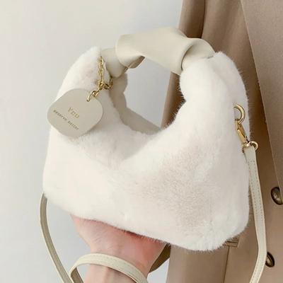 Women Faux Fur Plush Handbags Ruched Handle Small Lady Shoulder Crossbody Bag Casual Tote Half-Moon Hobos Winter Bags