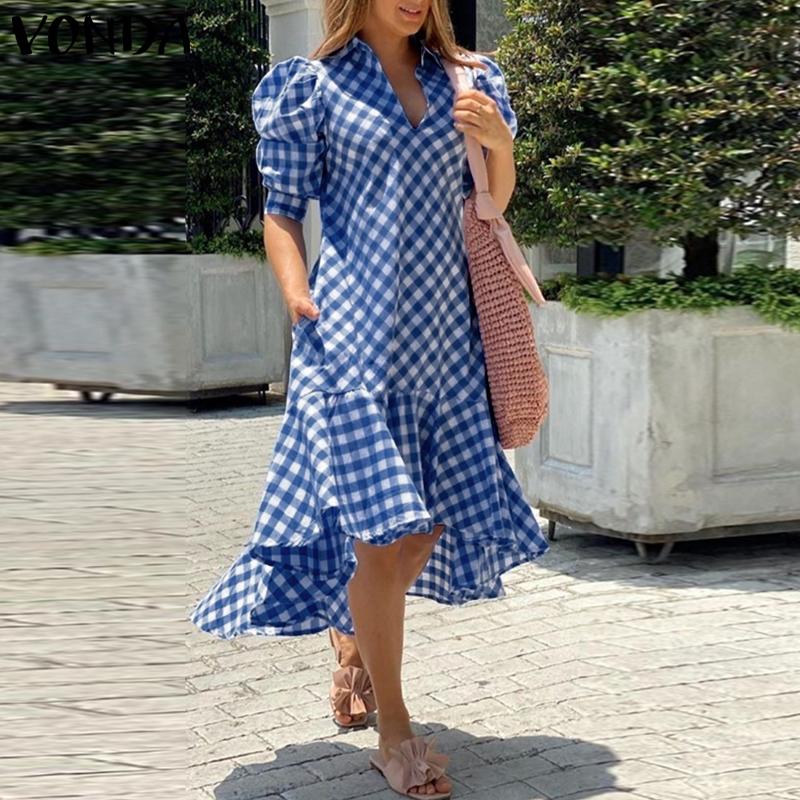 VONDA Vestidos vintage para mujer con cuello alto, manga corta, cuadros y dobladillo con volantes