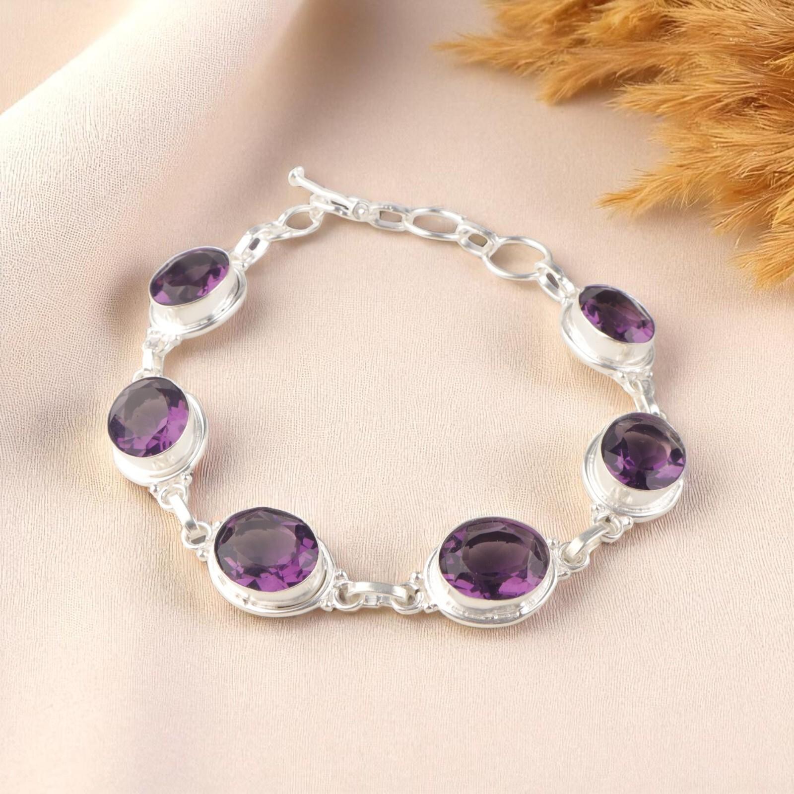 

Аметист Драгоценный камень 925 Стерлинговое серебро Ювелирные изделия Ручной работы Браслет 8,5 Для женщин RB-3-10