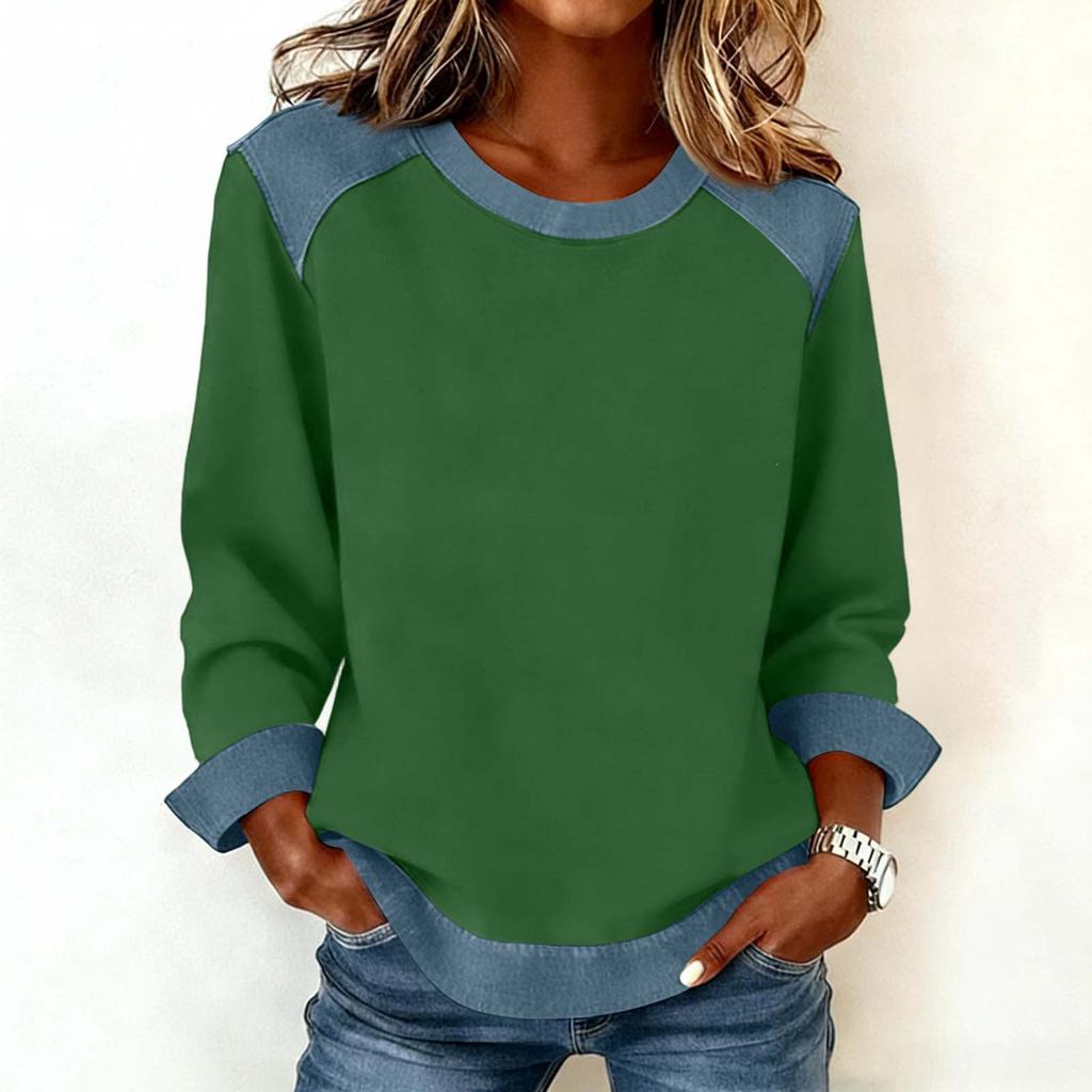 Damen Jeanskragen Patchwork Nähte Sweatshirt Lässig Pullover Langarmshirts