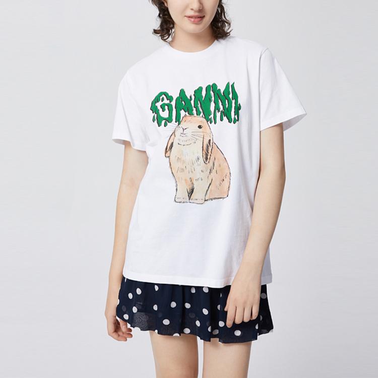 Ganni Rabbit Pattern Round Neck T-Shirt Women tops White T2778151