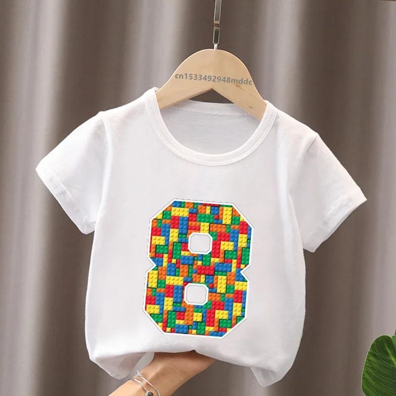 Cartoon Building Blocks Bricks Print Kids TShirt Number Tees for Boys And Girls Funny Birthday Baby Top 29 Years