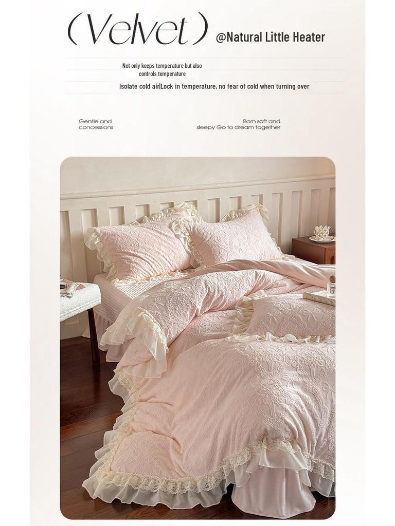 G5Z Princess Milk Velvet 4-Piece Set: Extra Thick French Lace Bedspread & Fitted Sheet
