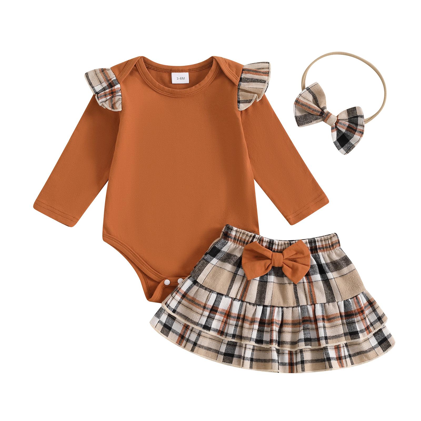 

Комплект из 3 предметов для маленьких девочек, комбинезон с длинными рукавами и клетчатой юбкой, повязка на голову с бантом, осенний комплект 12-18 Months бежевый