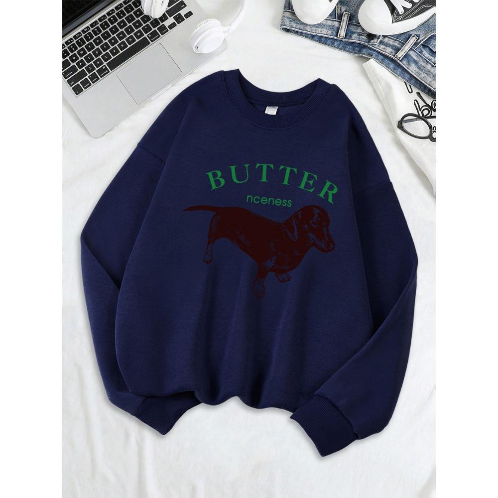 Roztomilé mikiny s potiskem jezevčíka Dámské Zimní Teplé Mikiny Pohodlný Volný Pulovr Ležérní Kulatý Výstřih Dámské Oblečení