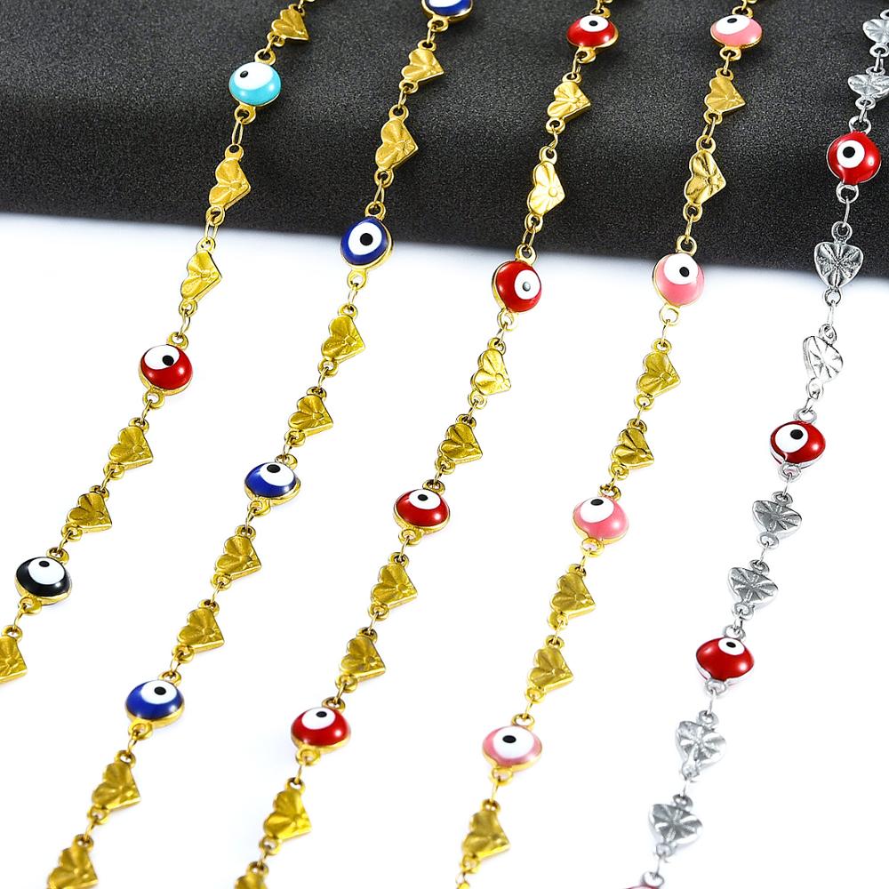 6MM Stainless Steel Necklace for Women Gold Chain Embosssed Heart Turkish Evil Eye Chain Bead Charms Metal Jewelry Choker