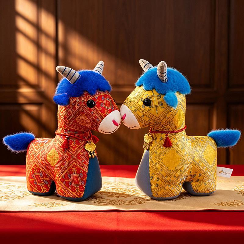Cuddly Chinese Zodiac Horse Stuffed Doll Traditional Pattern Plush Toy for New Year Gift Collection