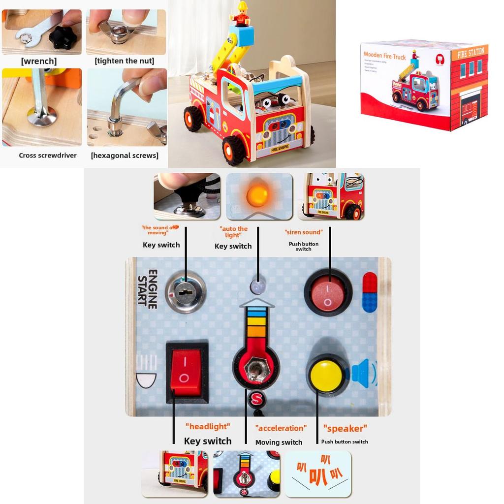 Wooden Led Fire Truck Puzzle Toy With Screwdriver Set For Early Education Kids