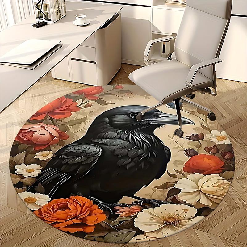 1pc Anime Raven Floral Round Carpet Office Chair Mat, Non Slip Rug for Home Decor, Gift, Office, Living Room, Bedroom