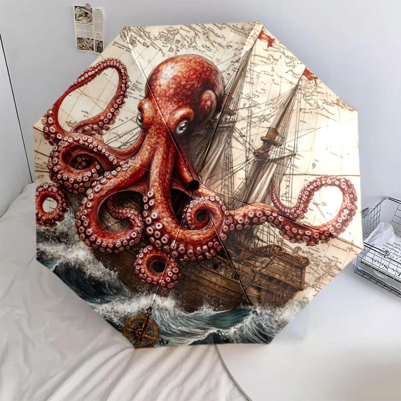 Ship Octopus pattern, automatic folding umbrella, portable and foldable design, 8 ribs, a Christmas or birthday gift.