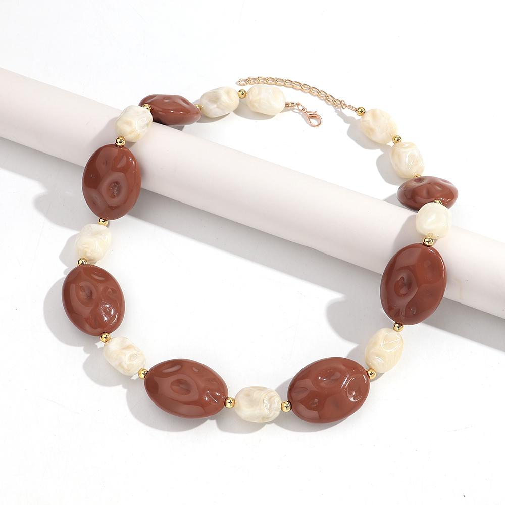 Retro Brown Beige Geometric Long Necklace for Women Man New Boho Trendy Irregular Oversized Beaded Necklaces Statement Jewelry