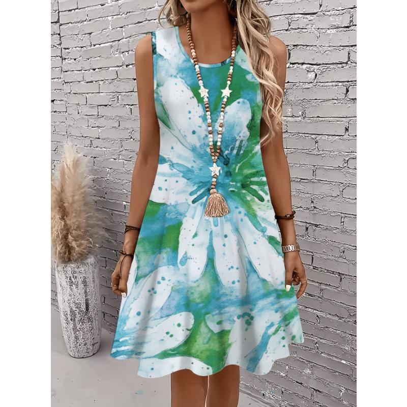 

[Printed Design – Not Textured] Green fresh blooming floral print plant flower print spring and summer new plus size clothing fashion print pattern S