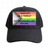 LGBTQ Pronomen Humor Ich identifiziere mich als Bedrohung Meine Pronomen sind Versuchs mich Kappe Unisex für Erwachsene Verstellbare Bedruckte Baseballkappen Trucker Cap