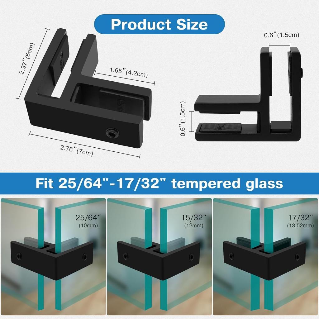 Railing Glass to Glass Clamp, 4 Pack Black Stainless Steel 304 Bracket for Glass, Double Sided Railing Glass Clip Holder with Rubber Gaskets for