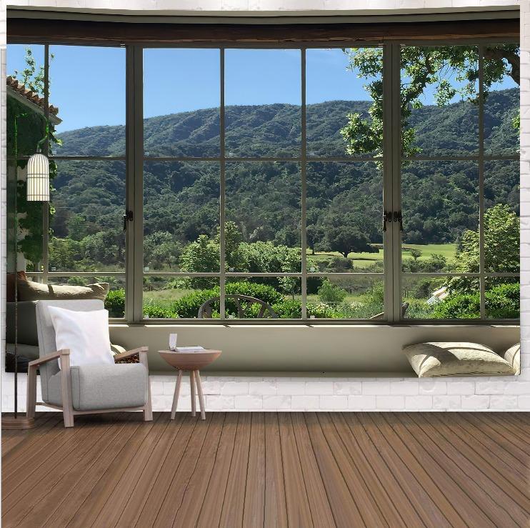 Berglandschaft vor dem Fenster, hängender Wandteppich, Wanddekoration für Zuhause, Büro, Wohnzimmer