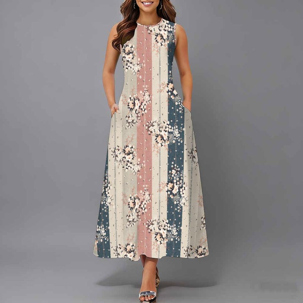 Ladies Oversized Sleeveless Crew Neck Dress Tropical Floral Printed Relaxed Midi Dress