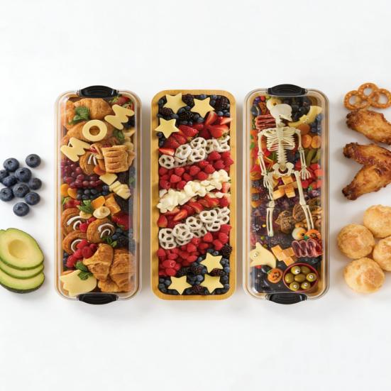 Bamboo Rectangular Cutting Board Tray with Clear Locking Lid Single Compartment Cheese Fruit Nuts Meats Picnics Parties Food Tray