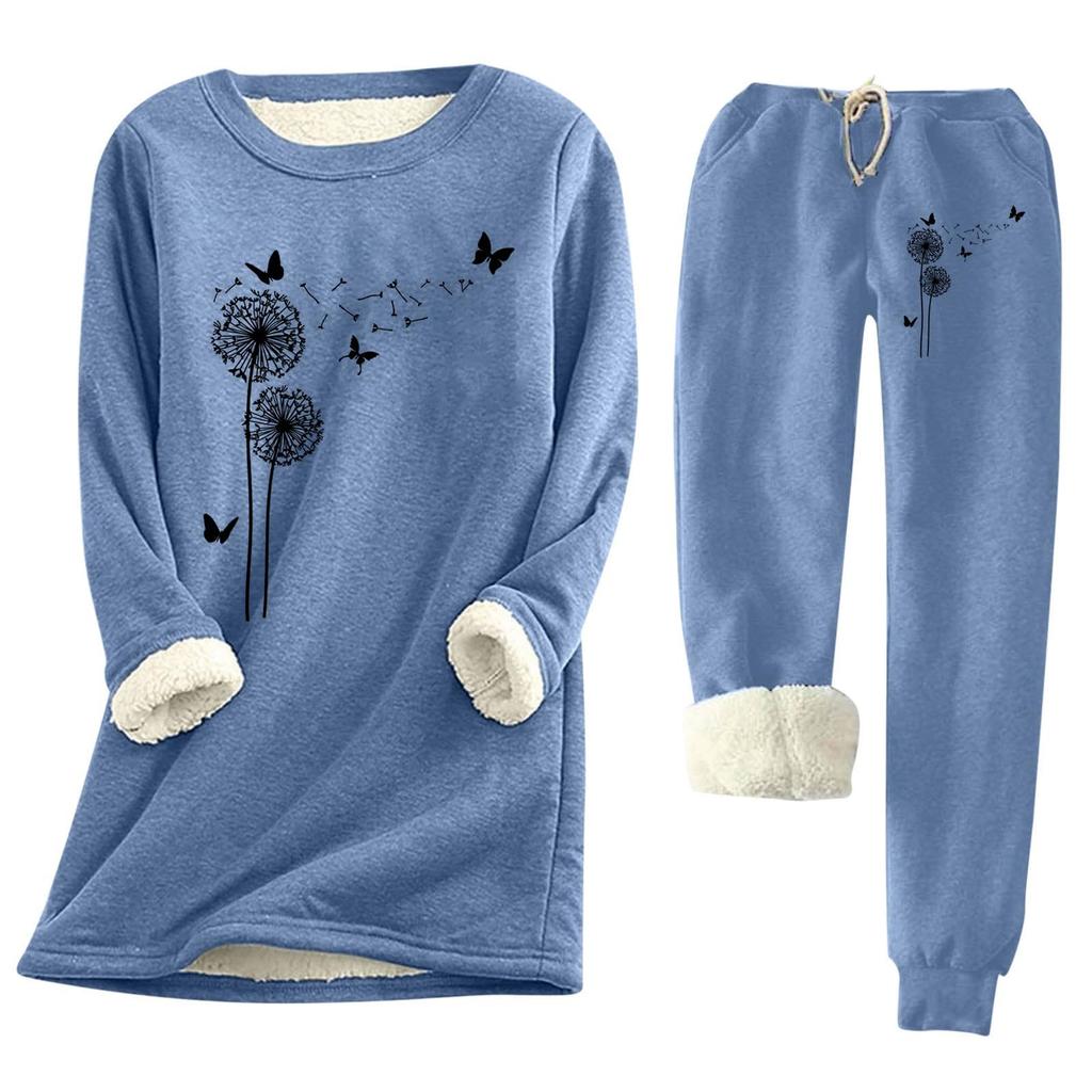 Women's Print Round Neck Warm Suit Long Sleeve Fleece Drawstring Sweatpants Two-Piece Set
